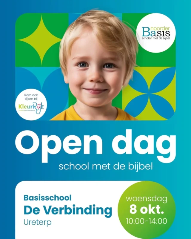Op 8 oktober organiseren we een open dag! Van 10.00-14.00 uur staat onze deur open zodat je een kijkje kunt nemen in ons kindcentrum.Bekijk samen met je zoon of dochter de school en/of opvang. Stel je vragen aan één van de medewerkers. We ontvangen je graag!#deVerbindingUreterp #NoorderBasis #scholenmetdebijbel #opendag