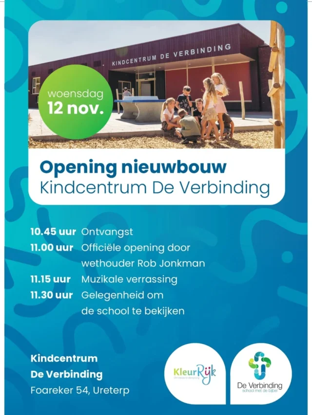 Feest morgen!Vanaf 10.45 uur ben u als ouders van harte uitgenodigd. Om 11.00 uur zal de officiële opening plaatsvinden.Aansluitend aan de officiële opening zorgen de kinderen voor een muzikale verrassing en daarna kunt u een kijkje nemen in ons kindcentrum. We zorgen voor een kop koffie/thee zodat u om 12.15 uur uw kind(eren) kunt meenemen naar huis.Van 12.45 - 16.00 uur is het gebouw ook te bewonderen door opa's en oma's, buren en andere geïnteresseerden.